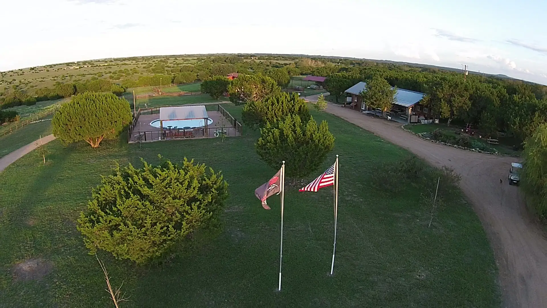 Aerial View of Iron Horse Summer Motocross Camp pool flags dining hall
